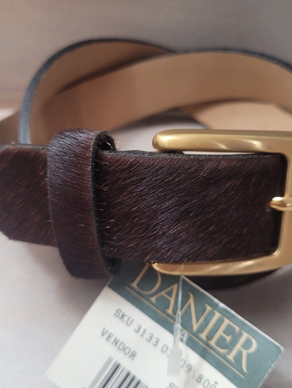 Danier Women's Calf Hair Genuine Leather Belt 28 Brown with Gold Buckle NEW - Picture 2 of 5